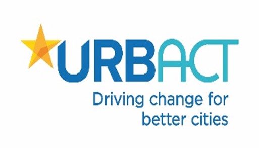 Urbact logo - Text in blue "Urbact: Driving change for better cities" and yellow star