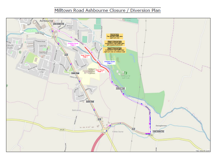 Milltown Road Ashbourne Closure Diversion Route Plan