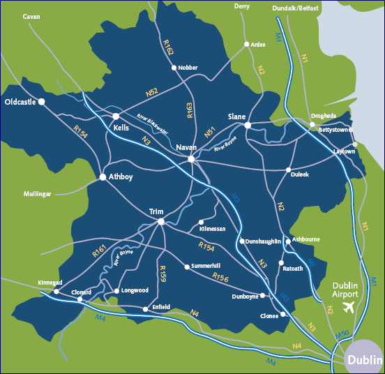 Map of Meath showing infrastructure - roads, proximity to airport etc