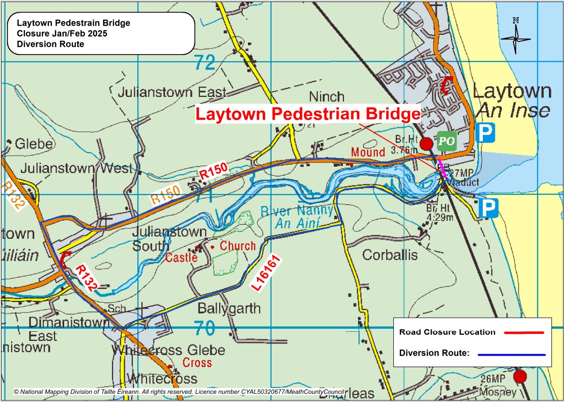 Diversion Route Map - Laytown Pedestrian Bridge Closure