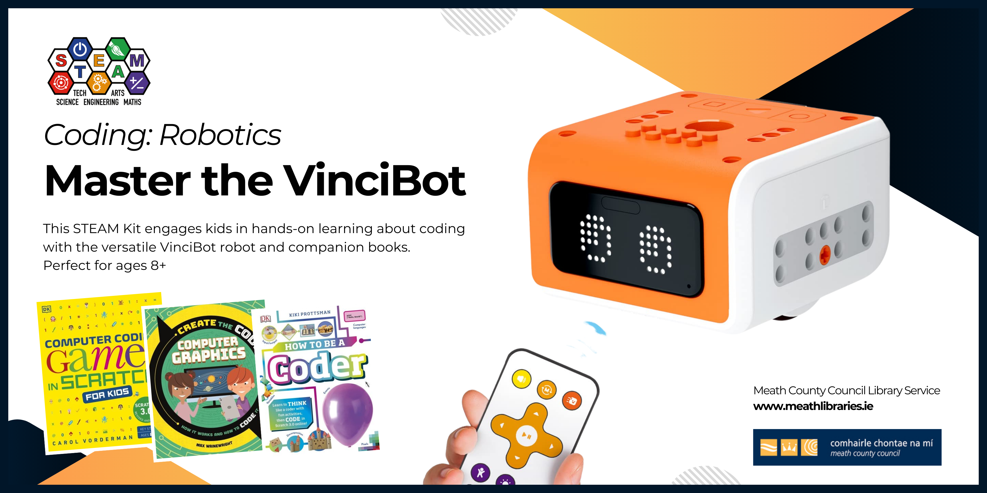 promotional image for coding robotics kit featuring the vincibot available to borrow for free from Meath Libraries