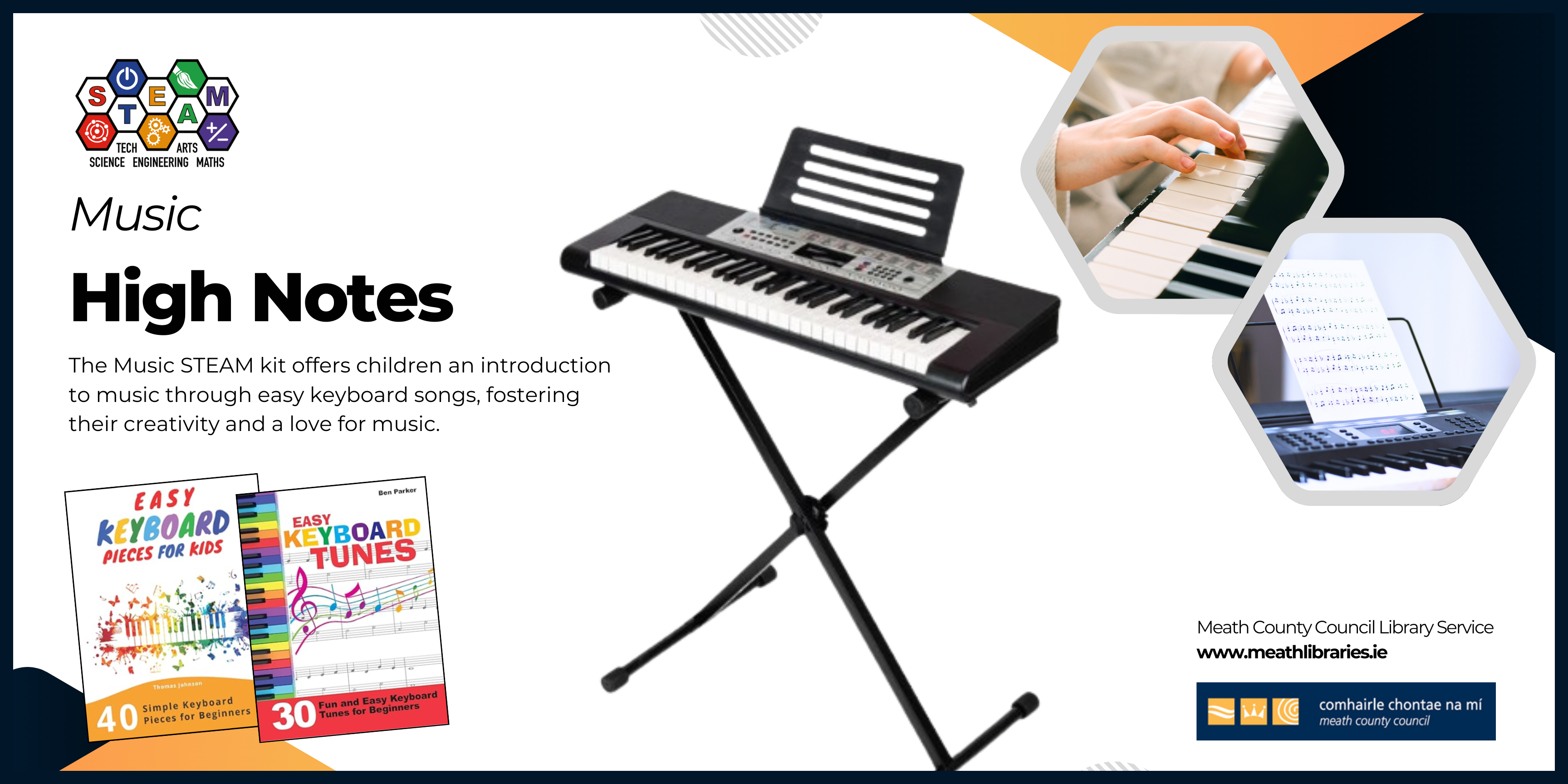 promotional image for free music kit including 54 key keyboard available to borrow from Meath County Library