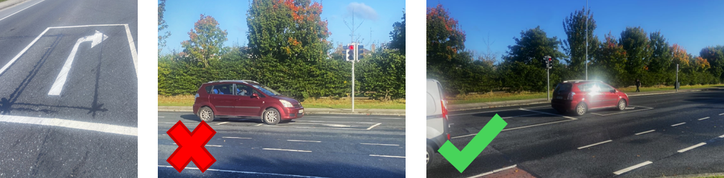 Image of a Right turn Box - Image of incorrect use of a right turn box - Image of the correct use of right turn box