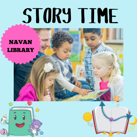 Image of 4 young children looking at a picturebook with a white male telling the story