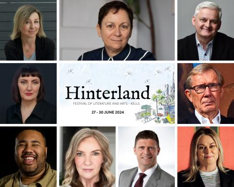 Hinterland promo pic - textual logo surrounded by portraits of speaker