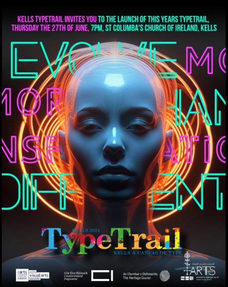 Typetrail poster - human head surround by text wiht evolve as the keyword